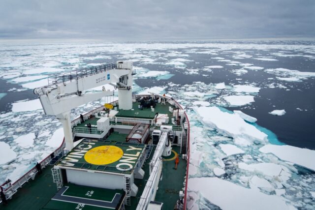 The S.A. Agulhas II breaks through ice as it journeys to find the Endurance