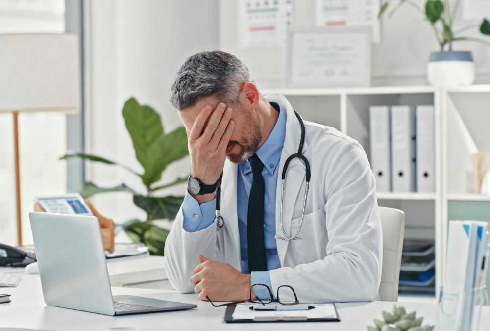 A frustrated doctor sitting at a desk facepalming himself.