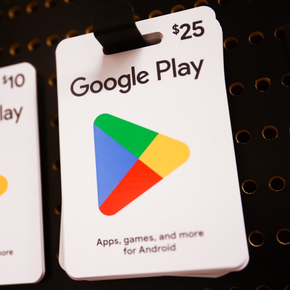 Google Play gift cards available for sale in a store.