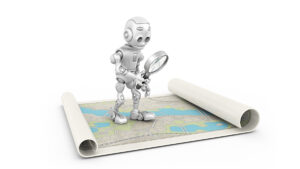 A 3D cartoon robot with a magnifying glass looking at a map.