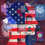 Montage of flag, face, social media logos