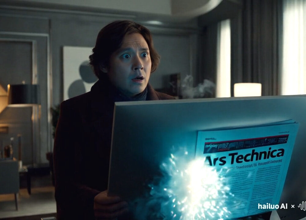 A still shot from an AI-generated Minimax video-01 video with the prompt: "A highly-intelligent person reading 'Ars Technica' on their computer when the screen explodes"