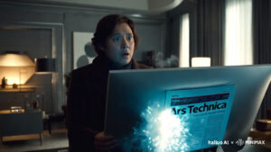 A still shot from an AI-generated Minimax video-01 video with the prompt: "A highly-intelligent person reading 'Ars Technica' on their computer when the screen explodes"