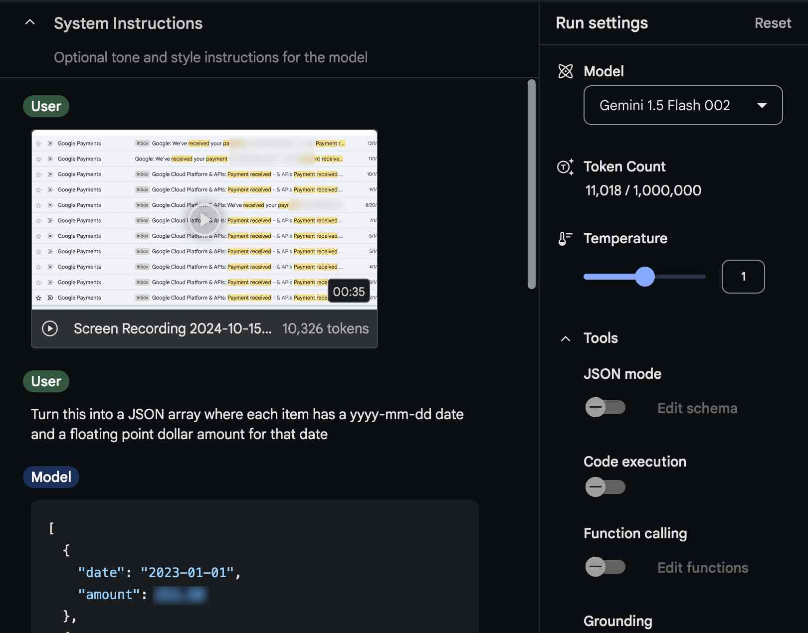 A screenshot of Simon Willison using Google Gemini to extract data from a screen capture video.