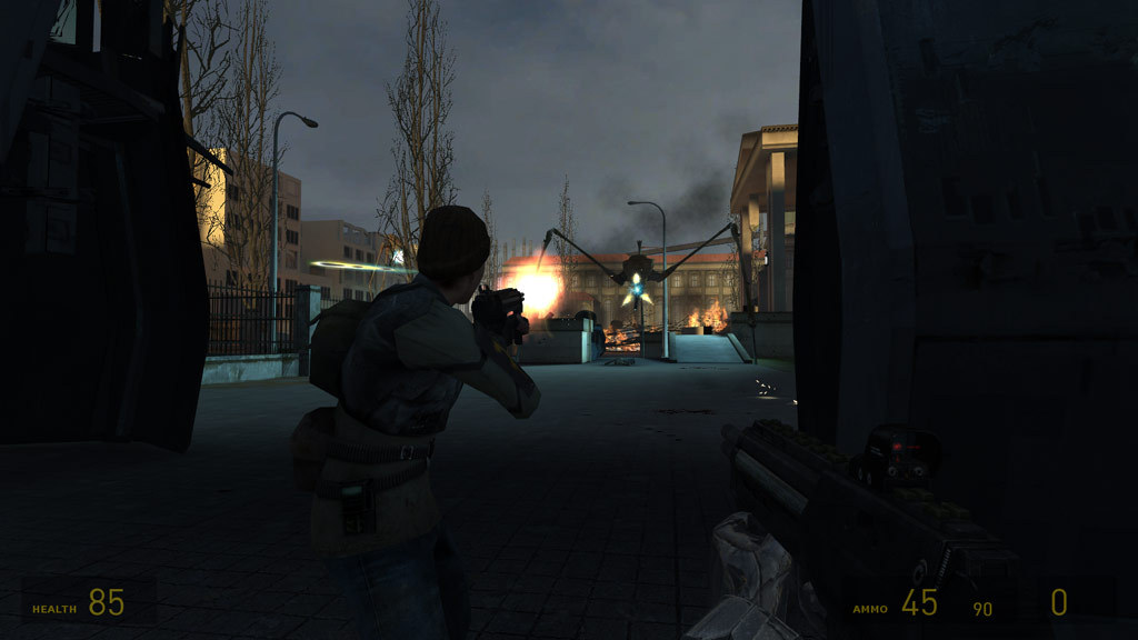 A resistance soldier shoots at a Strider in the streets of City 17