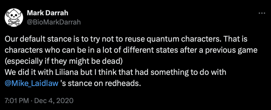 A tweet that says BioWare's default stance is to avoid using quantum characters, but an exception was made for Liliana