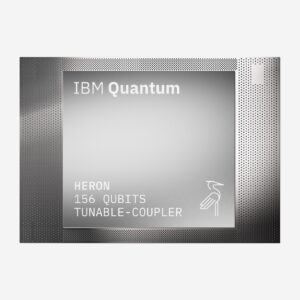 Image of a processor with the name Heron printed on it, and listing 156 qubits.