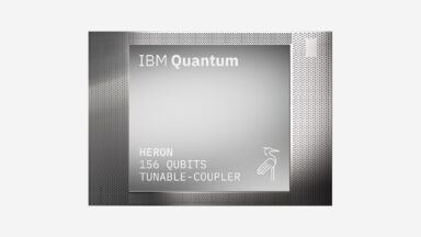 Image of a processor with the name Heron printed on it, and listing 156 qubits.