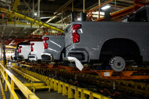 Partially assembled vehicles, including the Chevrolet Silverado 1500 and GMC Sierra 1500, at the General Motors assembly plant in Fort Wayne, Indiana, US, on Tuesday, April 9, 2024. General Motors Co. is scheduled to release earnings figures on April 23. Photographer: Emily Elconin/Bloomberg via Getty Images