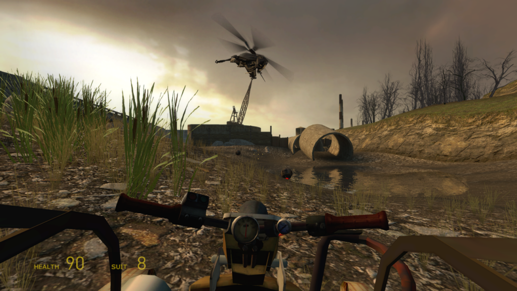 A helicopter hovers over an airboat in Half-Life 2