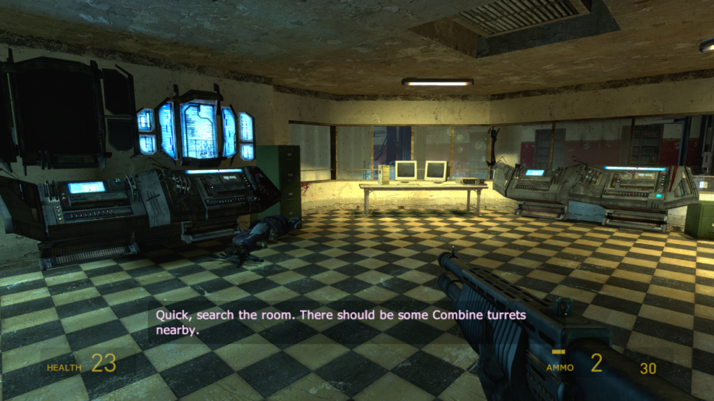 A dialogue subtitle instructs a shotgun-wielding Gordon to start setting up turrets in an alien prison