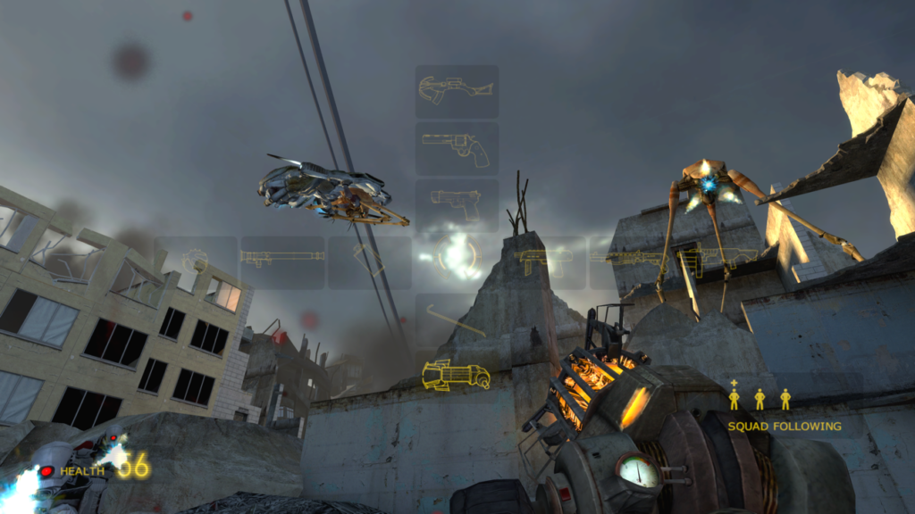 A strider looms over the player as the player switches weapons