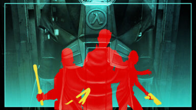 A screenshot of Half-Life 2 showing three characters in silhouette