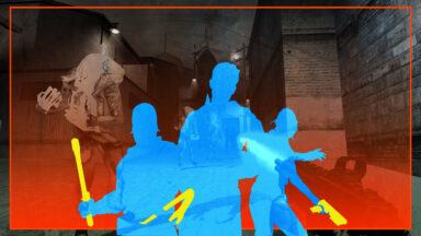 A screenshot of Half-Life 2 showing three characters in silhouette