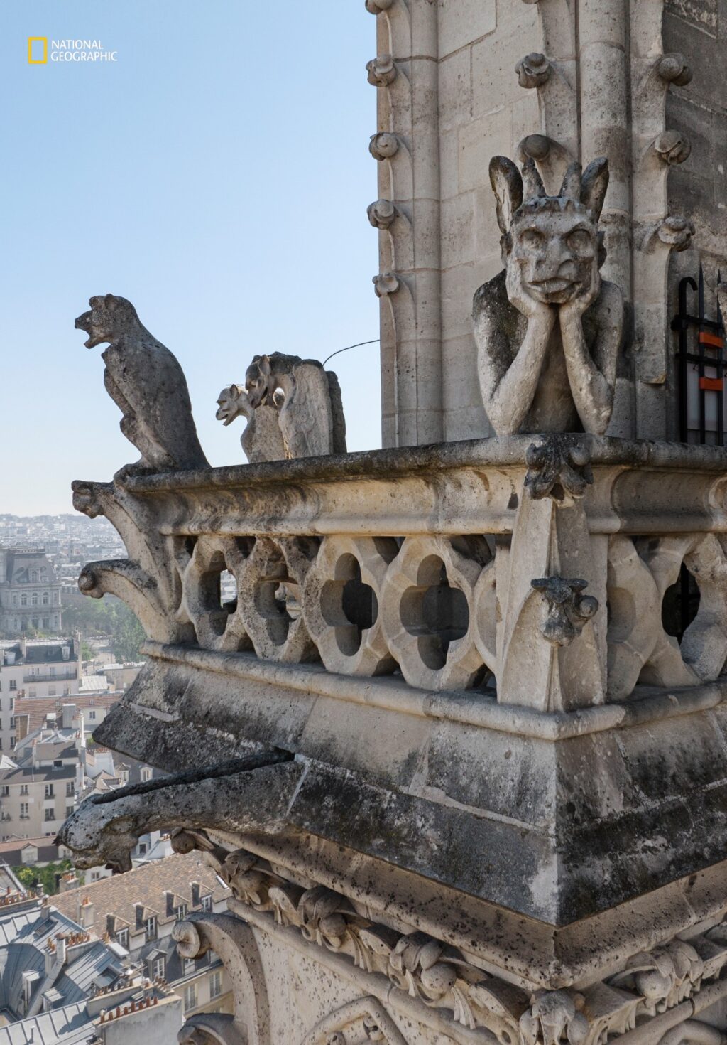 The beloved grotesques atop the bell towers still overlook the city.