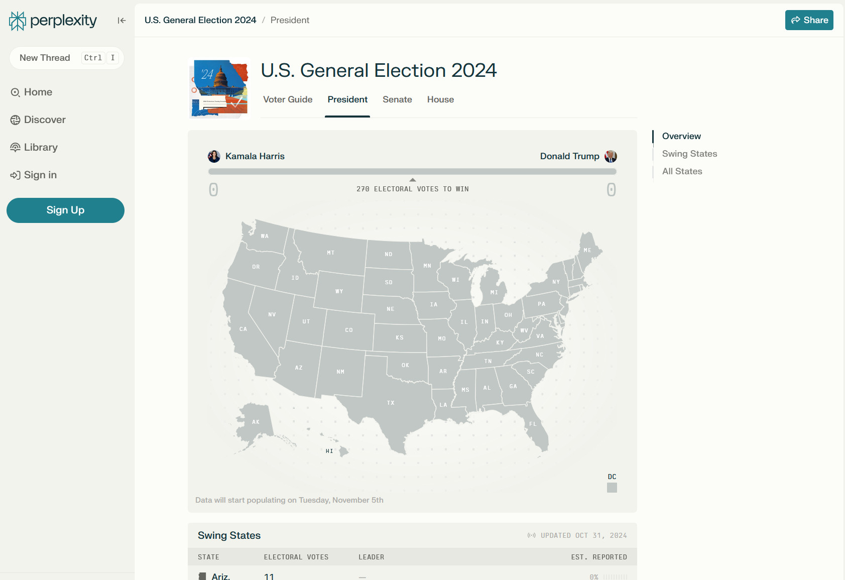 A screenshot of the Perplexity election tracker chart interface.