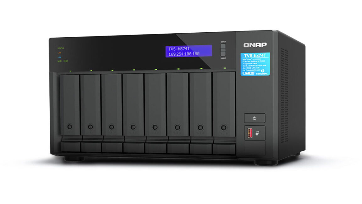 QNAP TVS-h874T box against a white background, with 8 drive bays showing and a blue LCD screen in the upper-right corner.