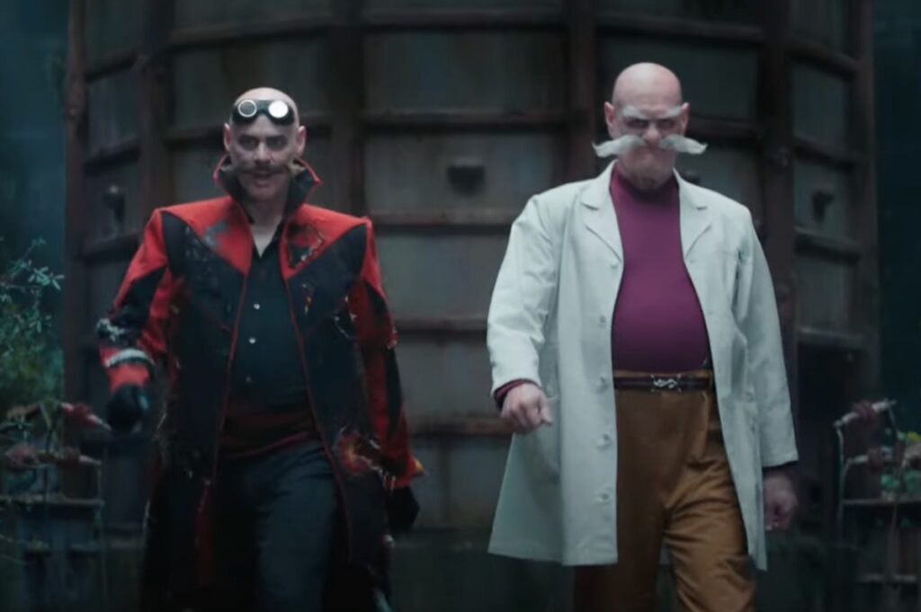 Two versions of evil Robotnik, one in red cape, the other older with white mustache and wearing a white lab coat