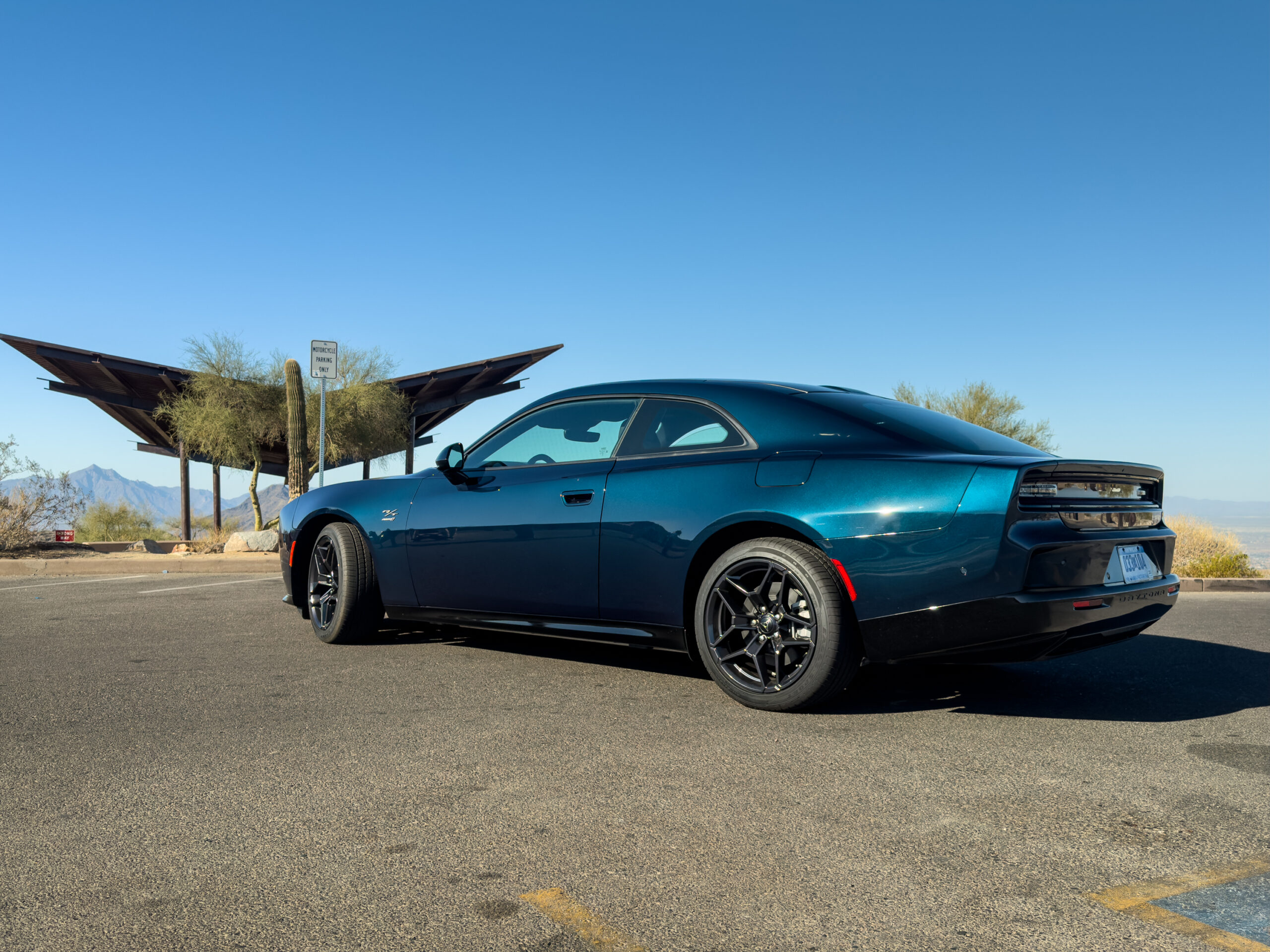 A Dodge Charger Daytona from the rear 3/4 view