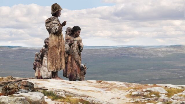 An image of three people in fur and hide clothing standing on the edge of a cliff