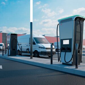 Electric light-duty vehicles charge at an EV charging station site powered entirely by a microgrid.