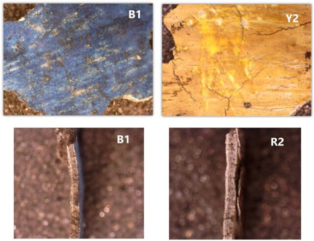 Close examination of chips, labeled according to their blue, yellow or red color, that once belonged to art on the Berlin Wall, reveals brushstrokes, multiple layers and the pigments used.