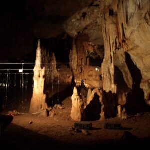 Interior of a large cavern deep in Manot Cave