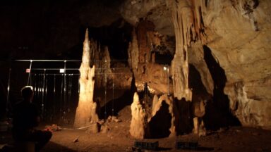 Interior of a large cavern deep in Manot Cave