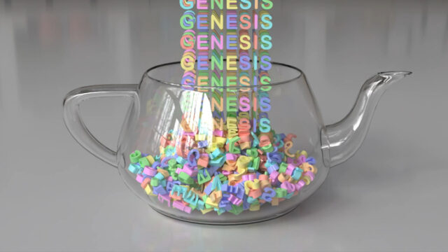 A simulated teapot and letters created using the Genesis platform.