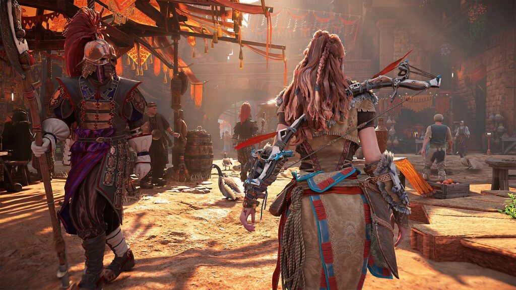 Uma foto de Aloy caminhando pela cidade de Meridian.