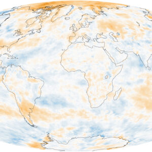 image of a squashed-perspective globe, showing the earth's oceans and continents, with an overlay of blue and orange to represent two directions of change.