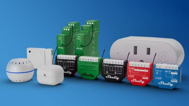 Shelly products lined up against a blue background, including light switch terminals, a plug, and three sensors.