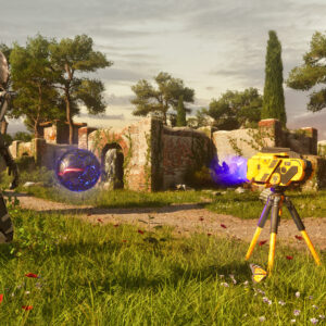 A sentient robot walking through a field, with a tripod beam projector in the foreground, a stone-like building with arched doorway in the background.