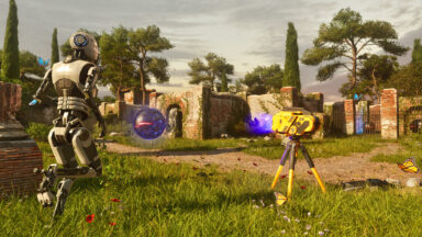 A sentient robot walking through a field, with a tripod beam projector in the foreground, a stone-like building with arched doorway in the background.