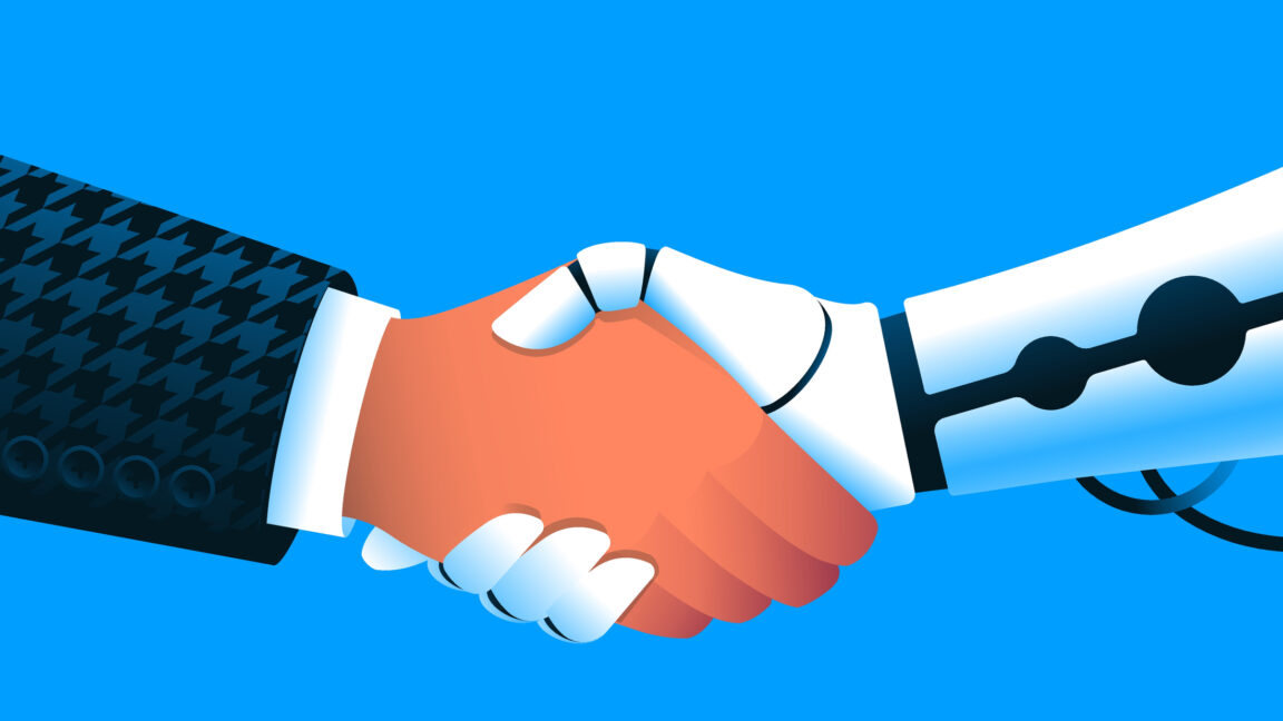 Illustration of a robot and a man shaking hands.