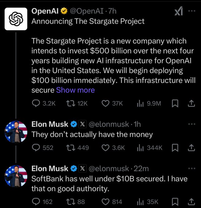 Screenshots of Elon Musk challenging the Stargate announcement on X.