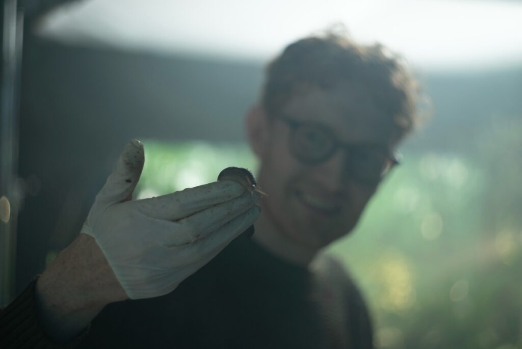 McDonald Smith holds a slug on set.