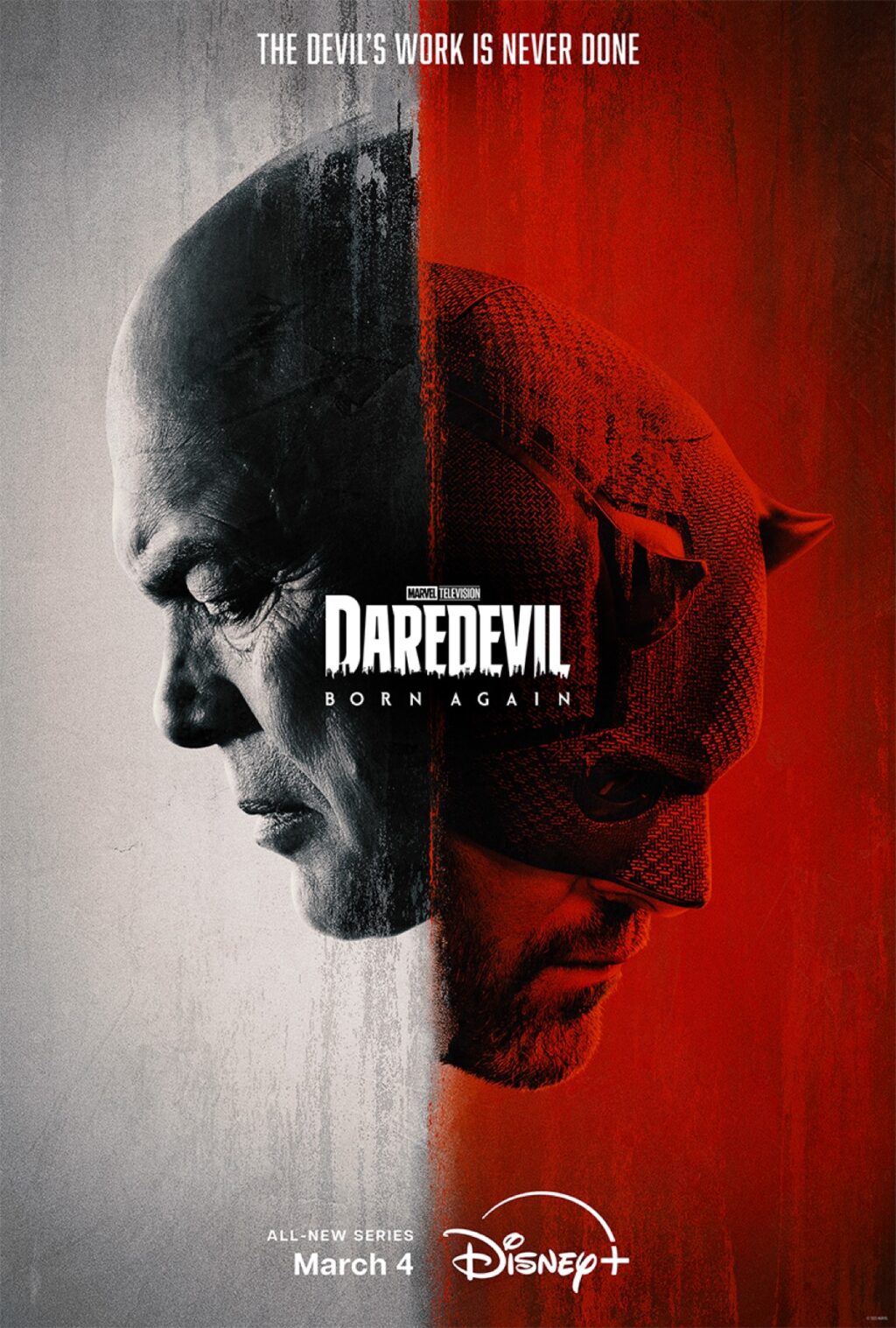 poster art showing the faces of Fisk and Daredevil, one in gray, the other in red