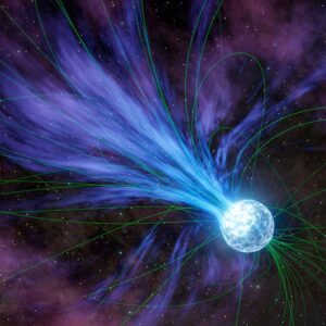 cartoon of a bright blue orb against a backdrop of stars. The orb has many twisted green lines nearby, and a blue outburst from one pole.