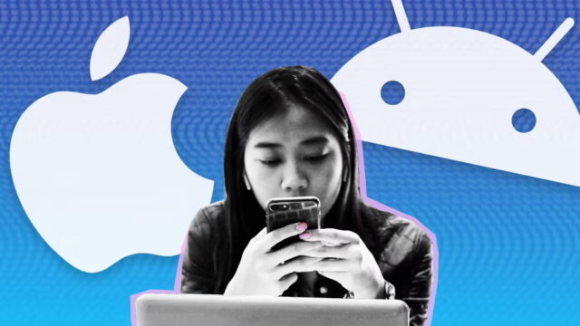 woman using phone with Apple and Android logs in the background