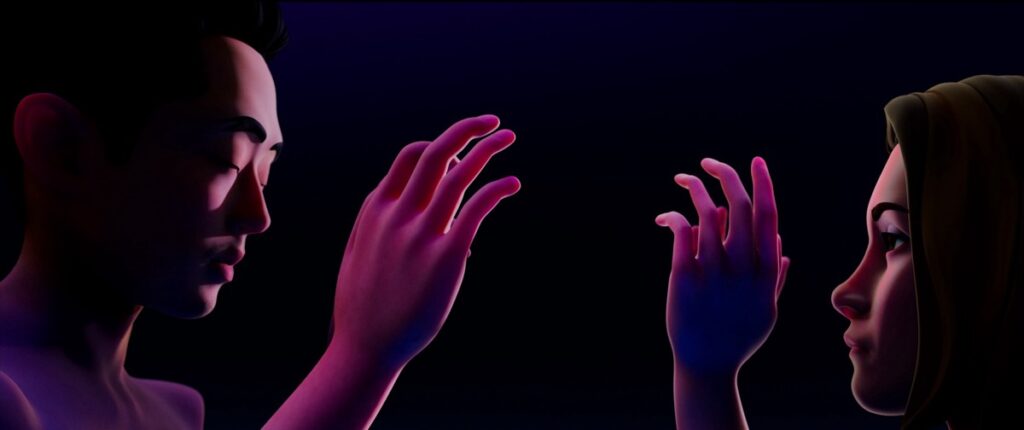 Crimson hued picture of bare male and female avatars reaching out their fingers to every other