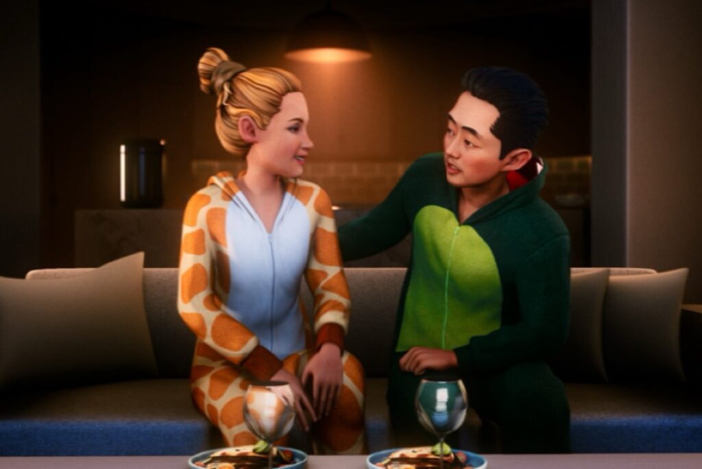 shot of female and male avatars in animal themed onesies sitting on a digital sofa