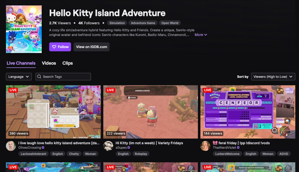 A screenshot of the Twitch page for Hello Kitty