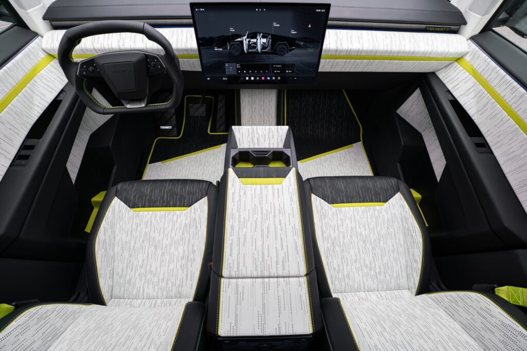 The interior of a Tesla cybertruck that has been modified