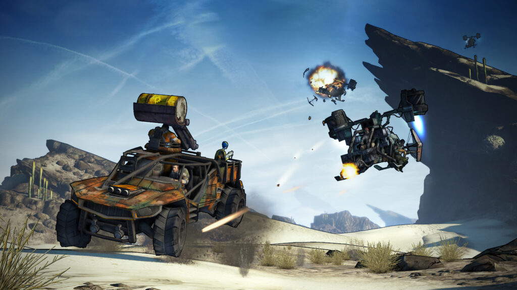 Dune Buggy in Borderlands 3, evasive missiles shot by a floating attack vessel slightly over a sand dune, in Borderlands 3.