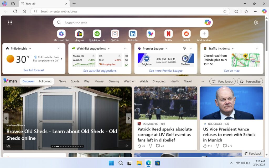 Microsoft Edge's new tab page, filled with icons and widgets and news-adjacent sludge articles.