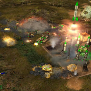 Rocket taking off from a launchpad while under siege from tanks in Command & Conquer: Generals