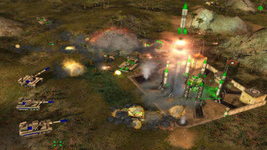 Rocket taking off from a launchpad while under siege from tanks in Command & Conquer: Generals