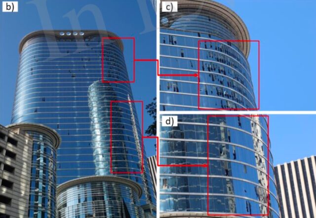 Damage sustained by the Chevron Building Auditorium during the derecho: a) damaged side of the building, b) global damage view, c) & d) localized glass damage.