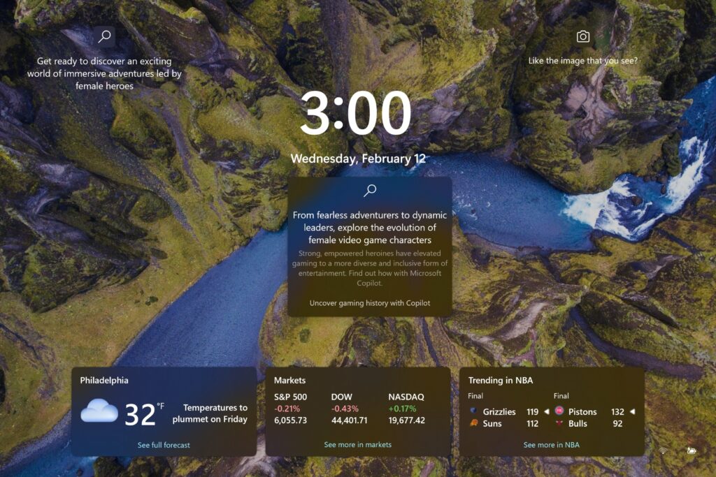 A Windows 11 lock screen displaying multiple info boxes and widgets.